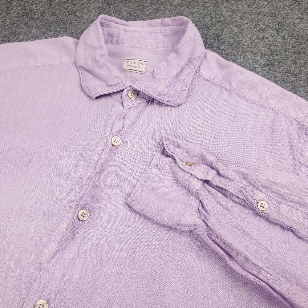 Xacus 100% Linen Shirt Mens 15 3/4 Medium Evolution Fit Lilac Purple Button Up